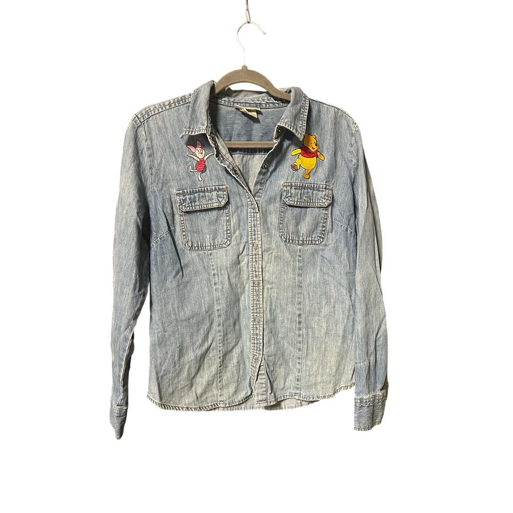 Vintage 90s Disney Winnie the Pooh & piglet denim snap long sleeve shirt